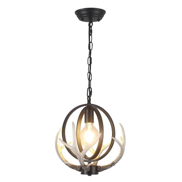 1 Light Dimmable Black Chandelier with Resin 4-Antlers and Retro Metal Globe for Kitchen Island with No Bulbs Included