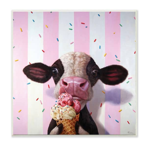 Stupell Industries "Cute Baby Cow with Ice Cream Cone Pink Stripes" by Lucia Heffernan Unframed Animal Wood Wall Art Print 12 in. x 12 in.