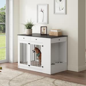 Large Dog Crate Furniture with 3 Drawers and Dog Bowls, Wooden Heavy Duty Dog Cage Storage Decorative Dog Pens, White