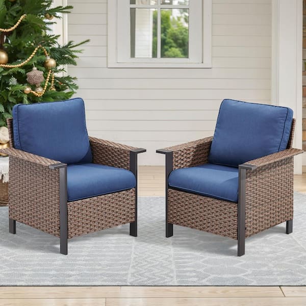 2-Piece Wicker Patio Conversation Set with Blue Cushions