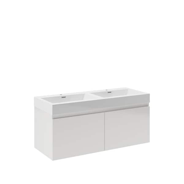 Fresca Mezzo 48 in. Modern Wall Hung Bath Vanity in White with Double Vanity Top in White with White Basins