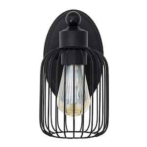 6.5 in. 1 Light Black Industrial Farmhouse Metal Birdcage Wall Sconce with Matching Metal Oval Backplate Wall Mounting