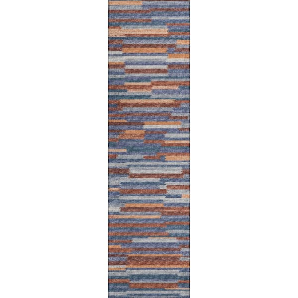 Addison Rugs Yuma Blue 2 ft. 3 in. x 7 ft. 6 in. Geometric Indoor/Outdoor Washable Area Rug