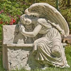 35 in. Tall Magnesium Napping Angel On Bench Garden Statue Seraphina in Grey