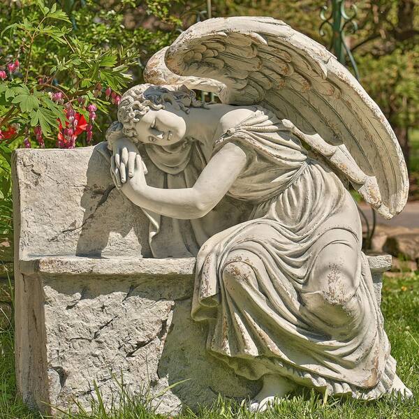 Zaer Ltd. International 35 in. Tall Magnesium Napping Angel On Bench Garden Statue Seraphina in Grey