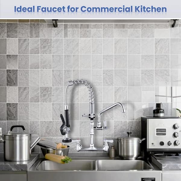 21 in Wall mounted faucet Triple Handle Pull Down Sprayer 360 Degree Spout Swivel Kitchen Faucet in Polished Chrome