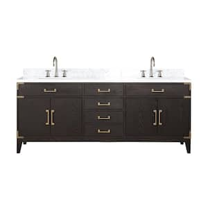 Fossa 80 in W x 22 in D Brown Oak Double Bath Vanity, Carrara Marble Top, and Faucet Set