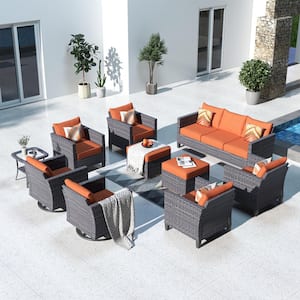 Megon Holly Gray 10-Piece Wicker Patio Conversation Seating Sofa Set with Orange Red Cushions and Swivel Rocking Chairs
