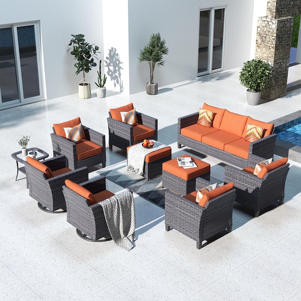 XIZZI Megon Holly Gray 10-Piece Wicker Patio Conversation Seating Sofa Set with Orange Red Cushions and Swivel Rocking Chairs