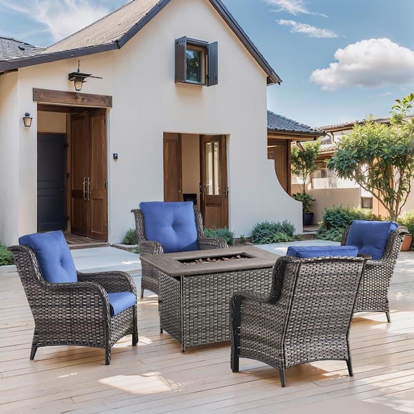 5-Piece Gray Wicker Patio Chairs for 4 with Gas Propane Fire Pit Table Sets Blue Cushions