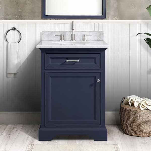 Home Decorators Collection Windlowe 24 in. Single Sink Navy Blue Bath Vanity with White Carrara Marble Top (Assembled)
