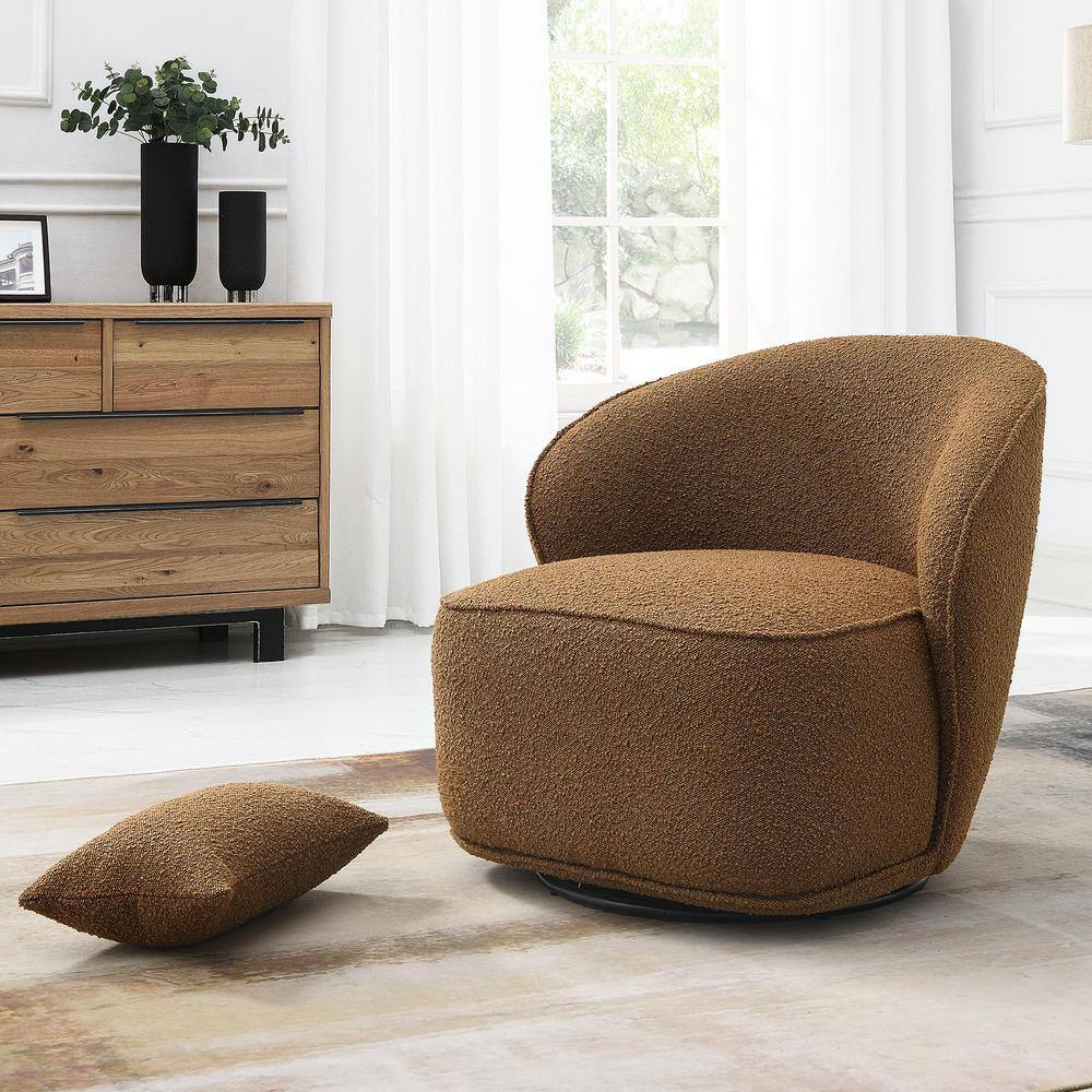 Camel Boucle Upholstered Swivel Barrel Chair with Solid Wood Frame