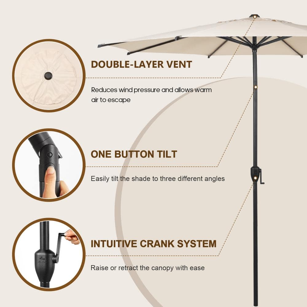 Beige Hexagonal Steel Pole Patio Umbrella with Crank Lift