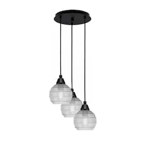 Savannah 9 in. 3-Light Matte Black Cord Pendant Light Clear Ribbed Glass Shade