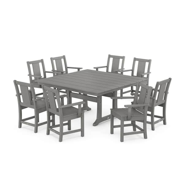 POLYWOOD 9-Piece Prairie Farmhouse Trestle Plastic Square Outdoor Dining Set in Slate Grey