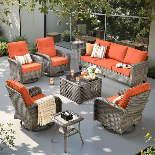 XIZZI Iridescent 8 Pieces Wicker Outdoor Patio and Swivel Rocking Chairs with Orange Red Cushions