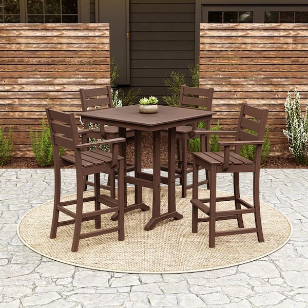 POLYWOOD Grant Park Mahogany 5-Piece HDPE Plastic Arm Chair Farmhouse Trestle Bar Set