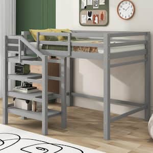 Gray Full Size Wood Loft Bed with Built-in Storage Staircase and Hanger for Clothes