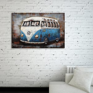 "Blue bus" Mixed Media Iron Hand Painted Dimensional Wall Decor