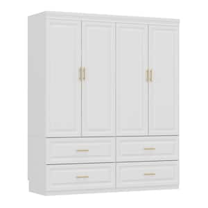 White Wooden 63 in. W 4-Door Super Large Bedroom Armoire Wardrobe with Hanging Bars, Drawers, Storage Shelves