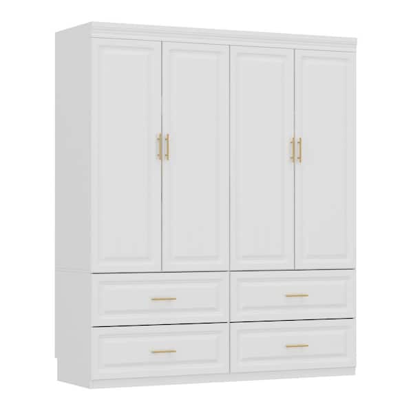 WIAWG White Wooden 63 in. W 4-Door Super Large Bedroom Armoire Wardrobe with Hanging Bars, Drawers, Storage Shelves