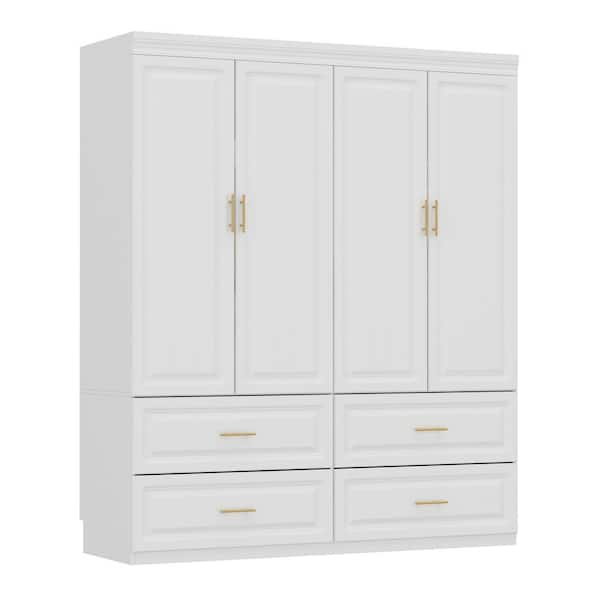 White Wooden 63 in. W 4-Door Super Large Bedroom Armoire Wardrobe with Hanging Bars, Drawers, Storage Shelves