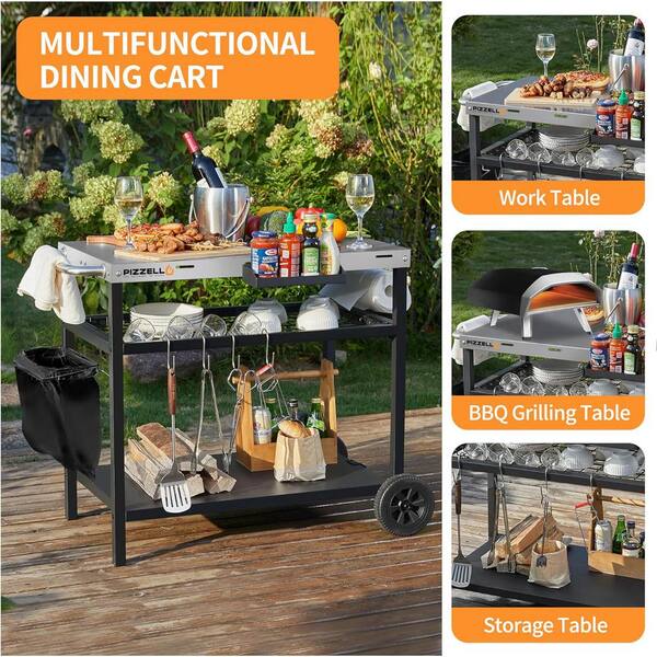 Three-Shelf Outdoor Grill Dining Cart Movable BBQ Trolley with Two Wheels Pizzello Color: Black/Stainless Steel