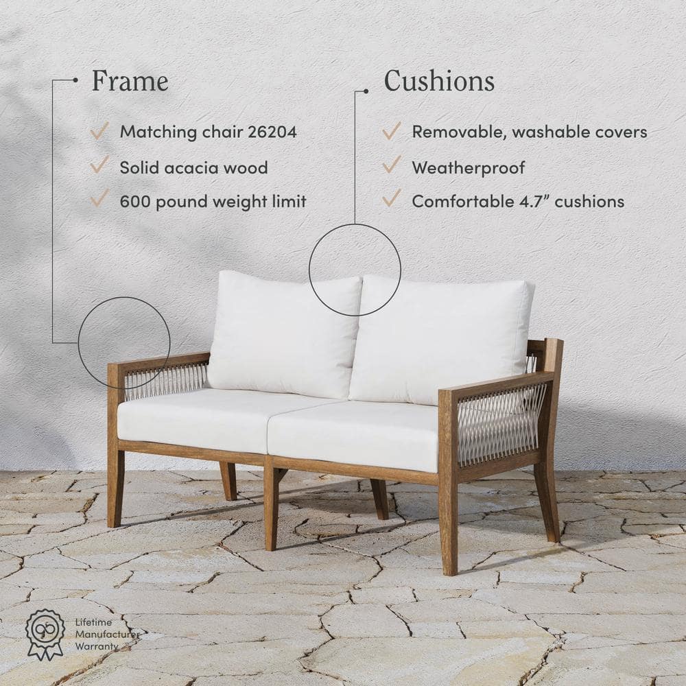 Freya Light Brown Acacia Wood Patio Loveseat with White Cushions
