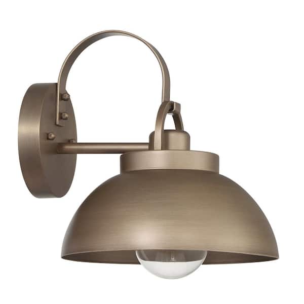 ROBERT STEVENSON LIGHTING Easton Tuscan Gold Metal Shade and Exposed Bulb Wall Mounted Outdoor Lantern Sconce, No Bulb Included
