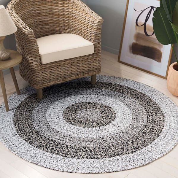 Braided Ivory/Black 3 ft. x 3 ft. Machine Washable Solid Striped Border Round Area Rug