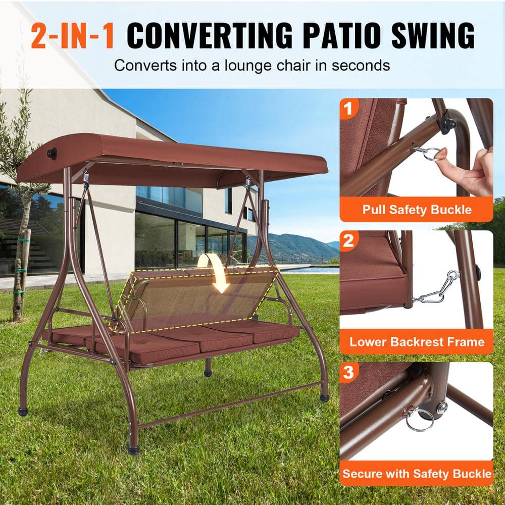 Brown Alloy Steel 3-Seat Patio Swing Chair with Adjustable Canopy