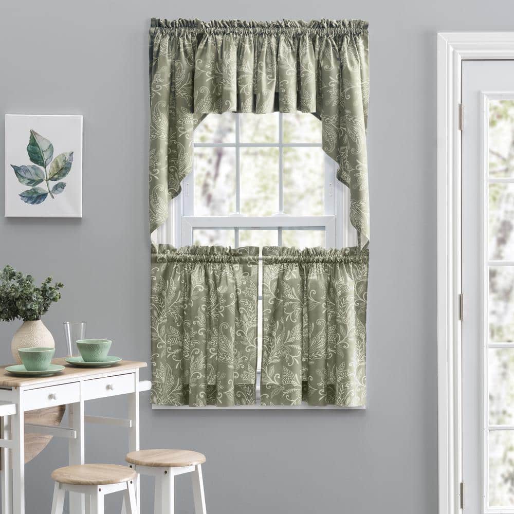 Sage Leaf Pattern Cotton Polyester Window Curtain Tiers