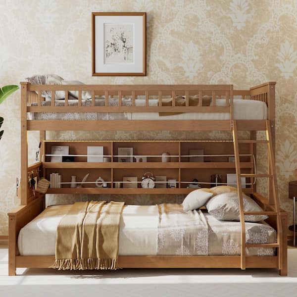 Brown Twin XL over Queen Bunk Bed with Integrated Shelving, Color-Changing Lights and Pegboard