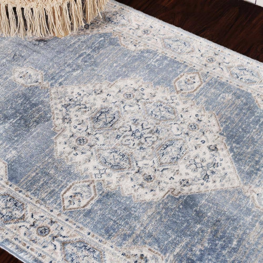 Blue-Cream Medallion Synthetic Easy Care Area Rug