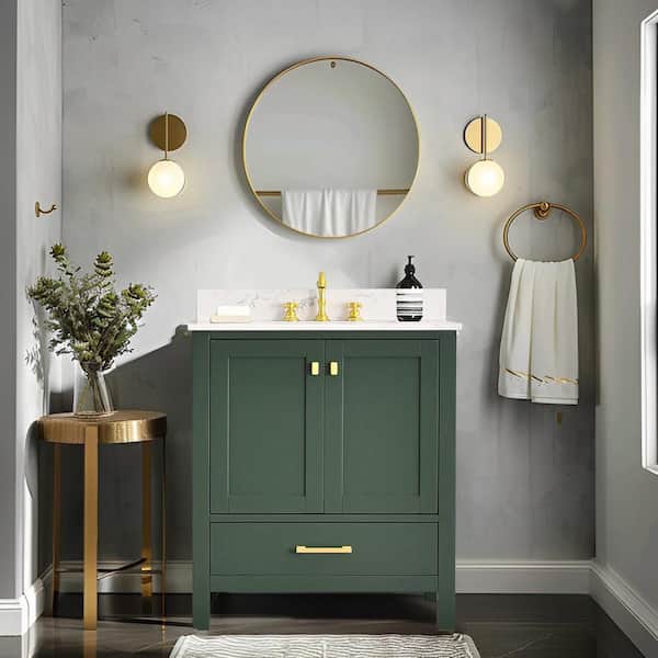 Enliven 30 in. W x 22 in. D x 39.24 in. H Freestanding Bath Vanity in Forest Green with White Engineered Stone Top