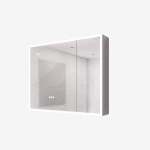 36 in. W x 30 in. H Rectangular Silver Aluminum Lighted Double Door Recessed/Surface Mount Medicine Cabinet with Mirror
