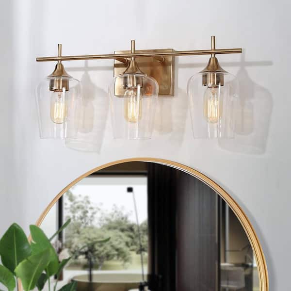 Modern Circle Bathroom 21 in. 3-Light Brass Gold Vanity Light Powder Room Wall Sconce Light with Clear Glass Shades