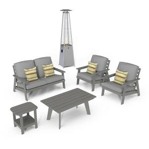 6-Piece Plastic Patio Conversation Set 40000 BTU Outdoor Heater Lounge Chair Coffee Table with Gray Cushions