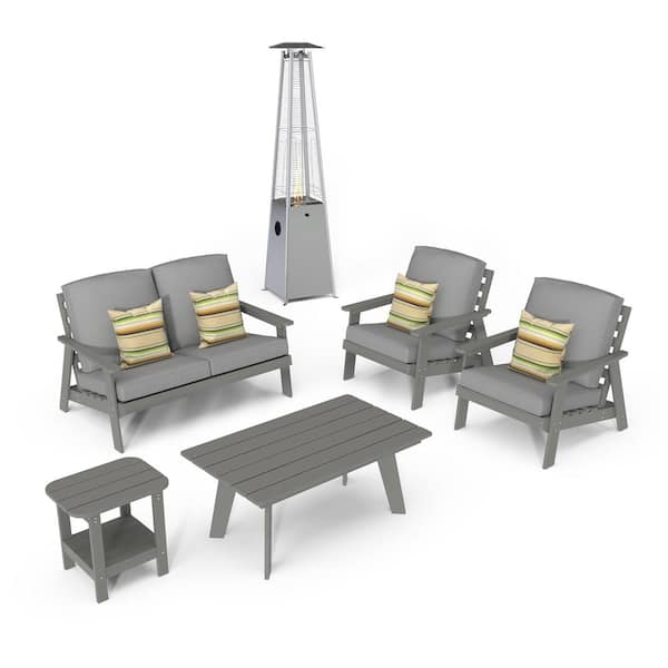 Mondawe 6-Piece Plastic Patio Conversation Set 40000 BTU Outdoor Heater Lounge Chair Coffee Table with Gray Cushions