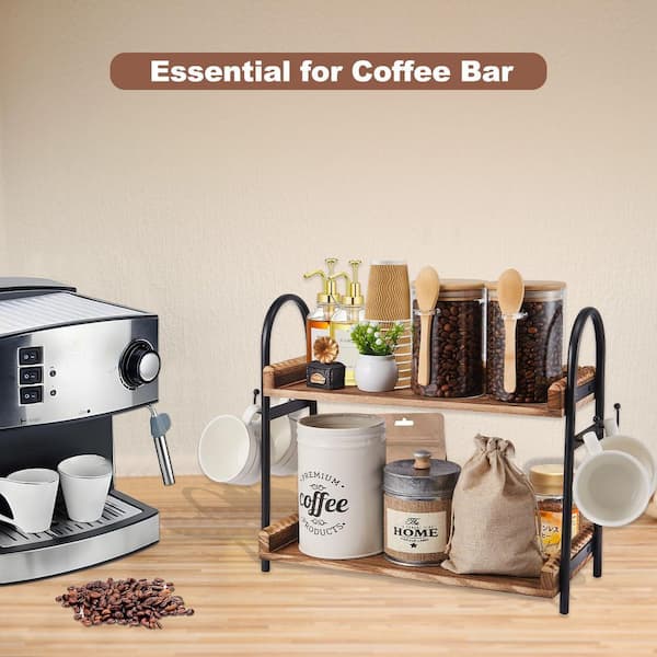 Black 2-Tier Coffee Bar Organizer with 4 Coffee Cup Holder Hooks, Coffee Bar Accessories, Mug Hook for Kitchen Home