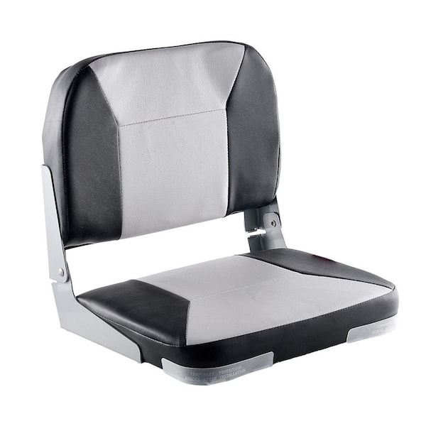 Boat Seat Folding Low-Back Fishing Chair with Thickened Cushion, Waterproof PVC Leather and Alloy Hinges, Black and Grey