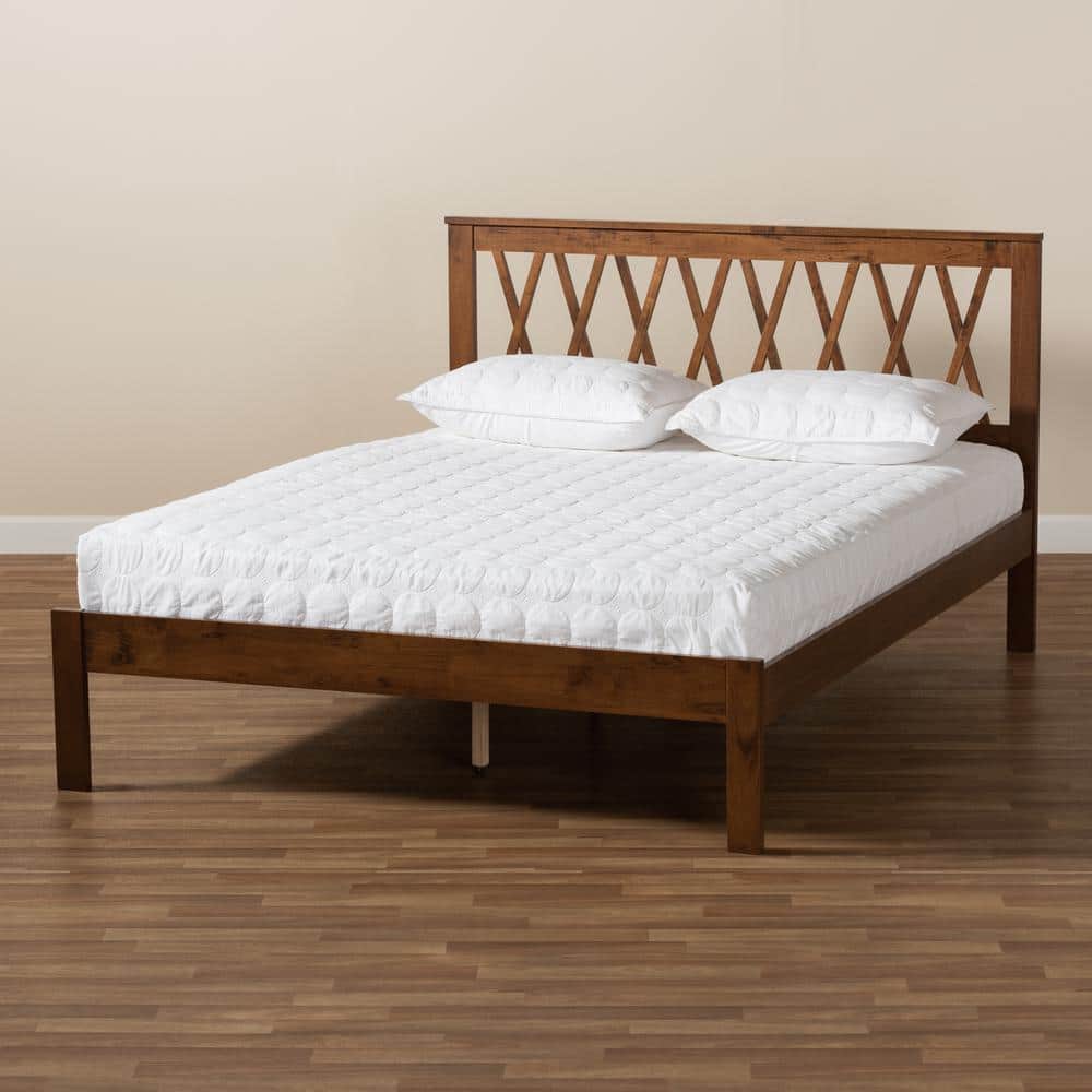 Queen Walnut Rubberwood Platform Bed with Criss-Cross Headboard