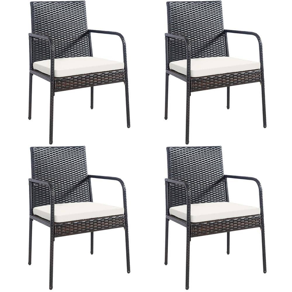 Costway Wicker Outdoor Dining Chairs Armrest Garden with White Cushions