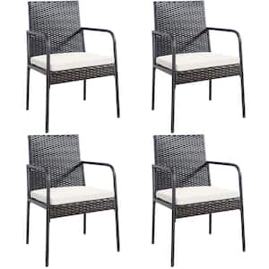 Wicker Outdoor Dining Chairs Armrest Garden with White Cushions (4-Pieces)