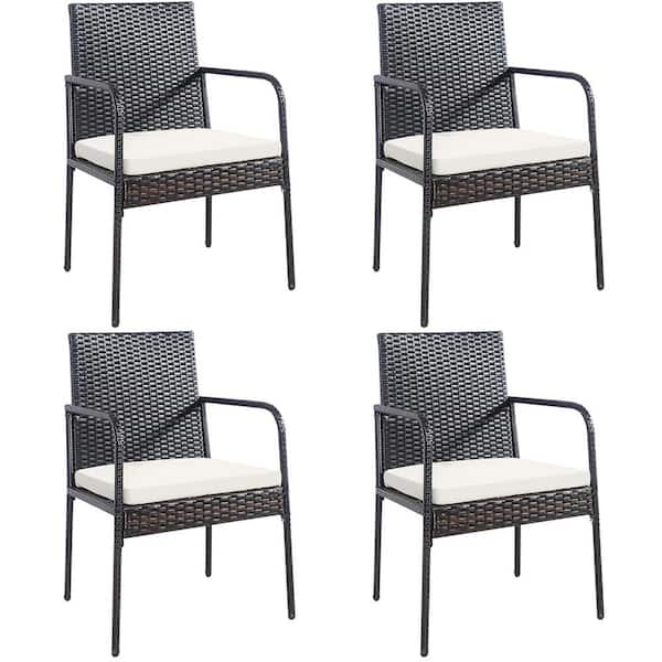 Wicker Outdoor Dining Chairs Armrest Garden with White Cushions (4-Pieces)