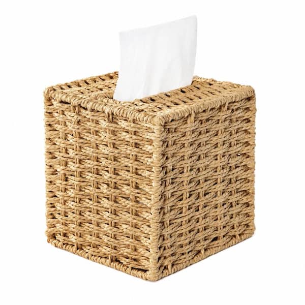 Farmhouse Hand-Woven Paper Rope Square Tissue Box Cover with Elastic Bottom for Bathroom Decor in Natural