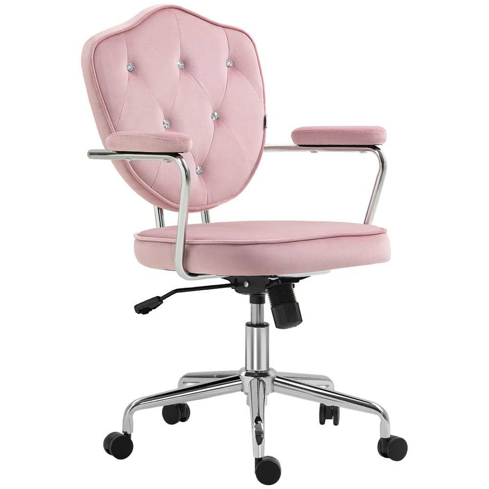 Homcom Cute Office Chair Computer Vanity Chair with Button Tufted Velvet Feel Fabric Swivel Desk Chair Pink