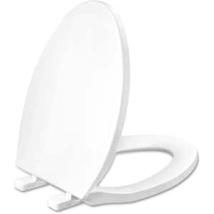 Soft Close Elongated Front Toilet Seat with Quick Release Hinges, Four Non-Slip Bumpers, Plastic, White
