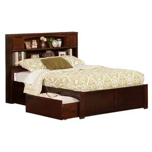 Newport Walnut Full Platform Bed with Flat Panel Foot Board and 2-Urban Bed Drawers