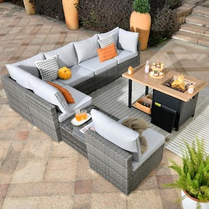 Messi Gray 8-Piece Wicker Outdoor Patio Conversation Sectional Sofa Set with a Storage Fire Pit and Light Gray Cushions